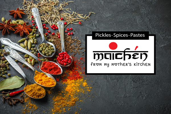 Maichen logo with spice powders in spoons